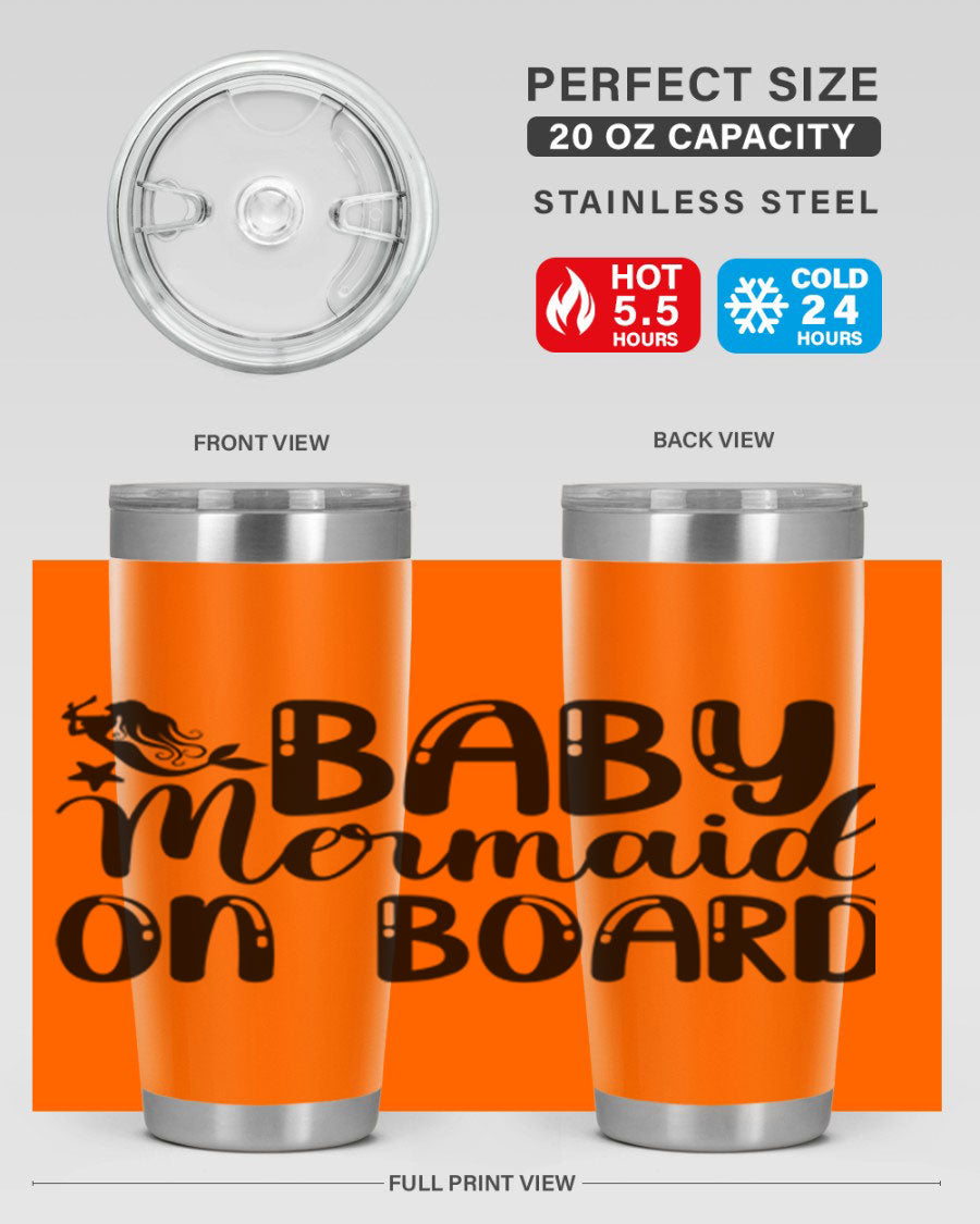 A stylish Baby Mermaid on Board 35# Tumbler featuring a vibrant mermaid design, made of double wall vacuum stainless steel with a drink-thru lid.