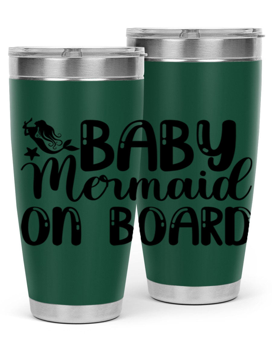 A stylish Baby Mermaid on Board 35# Tumbler featuring a vibrant mermaid design, made of double wall vacuum stainless steel with a drink-thru lid.