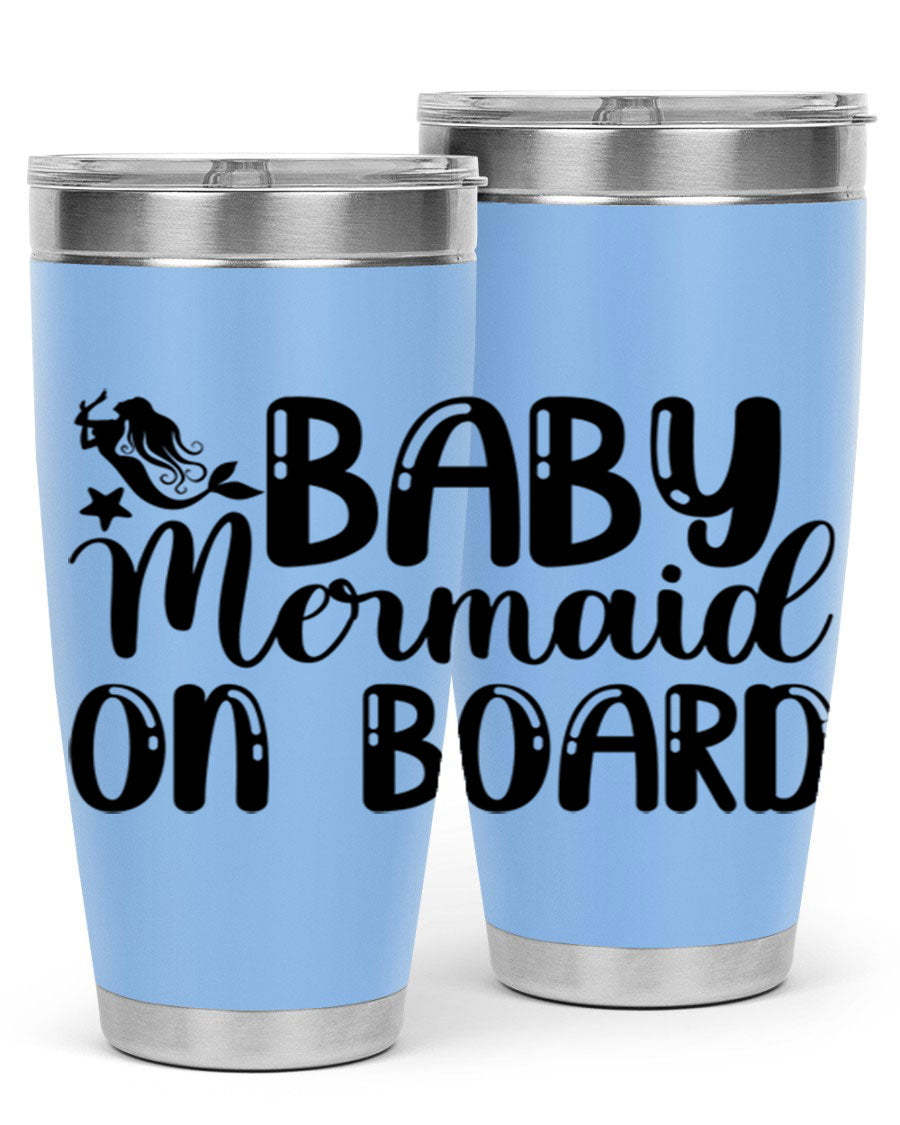 A stylish Baby Mermaid on Board 35# Tumbler featuring a vibrant mermaid design, made of double wall vacuum stainless steel with a drink-thru lid.