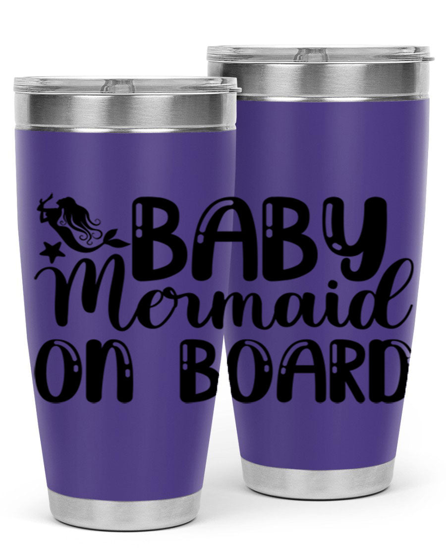 A stylish Baby Mermaid on Board 35# Tumbler featuring a vibrant mermaid design, made of double wall vacuum stainless steel with a drink-thru lid.