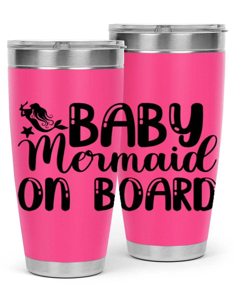 A stylish Baby Mermaid on Board 35# Tumbler featuring a vibrant mermaid design, made of double wall vacuum stainless steel with a drink-thru lid.