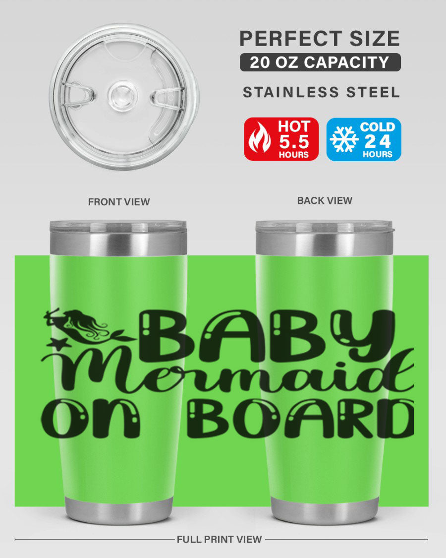 A stylish Baby Mermaid on Board 35# Tumbler featuring a vibrant mermaid design, made of double wall vacuum stainless steel with a drink-thru lid.