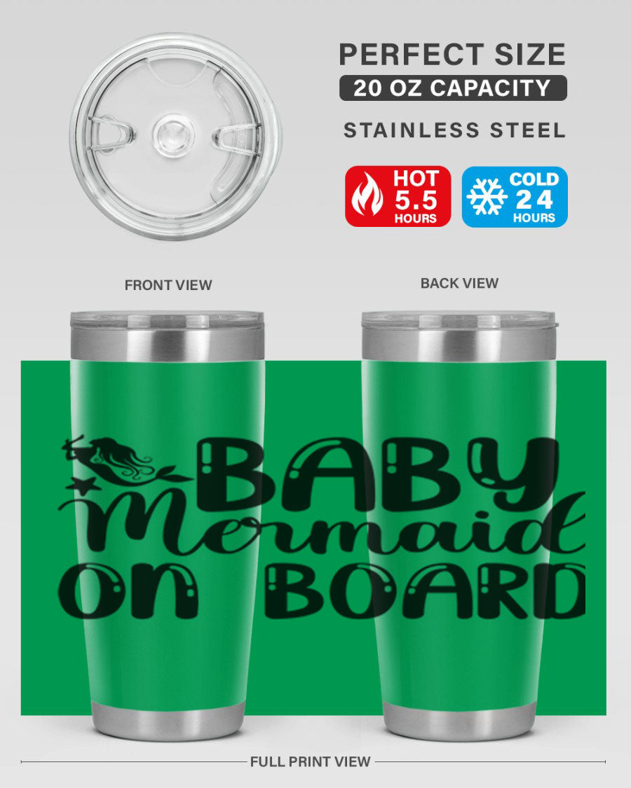 A stylish Baby Mermaid on Board 35# Tumbler featuring a vibrant mermaid design, made of double wall vacuum stainless steel with a drink-thru lid.