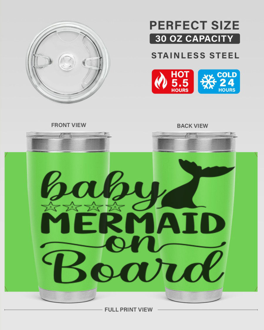 A vibrant Baby Mermaid on Board 36oz tumbler featuring a whimsical mermaid design, made of stainless steel with a drink-thru lid.