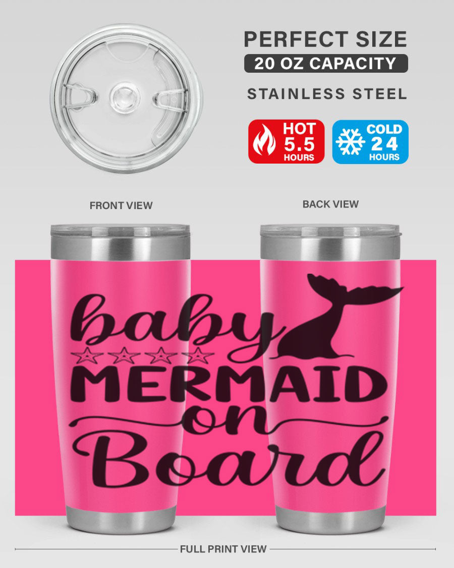 A vibrant Baby Mermaid on Board 36oz tumbler featuring a whimsical mermaid design, made of stainless steel with a drink-thru lid.