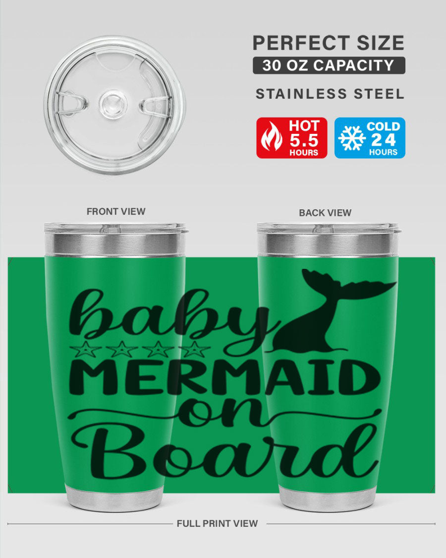 A vibrant Baby Mermaid on Board 36oz tumbler featuring a whimsical mermaid design, made of stainless steel with a drink-thru lid.