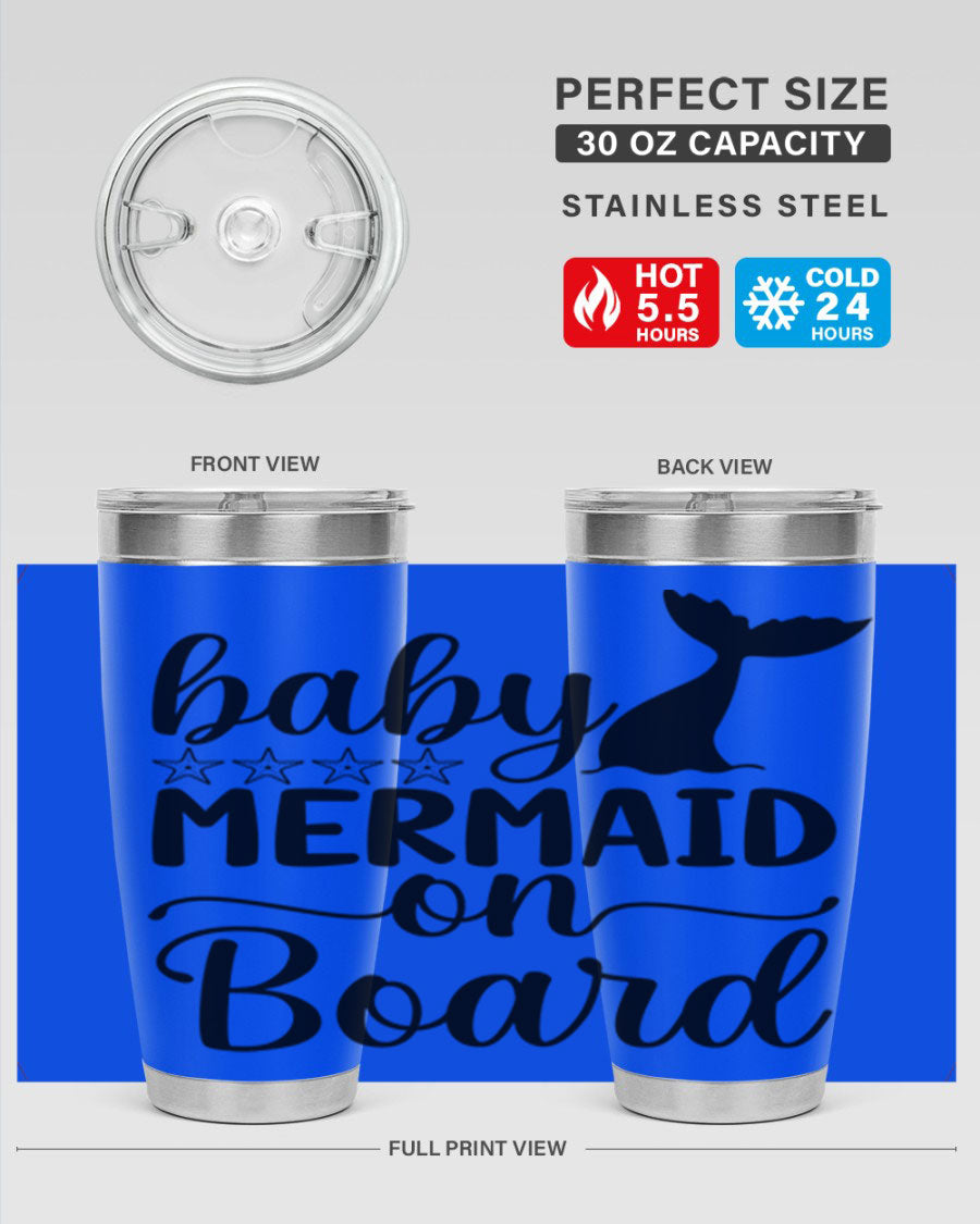 A vibrant Baby Mermaid on Board 36oz tumbler featuring a whimsical mermaid design, made of stainless steel with a drink-thru lid.