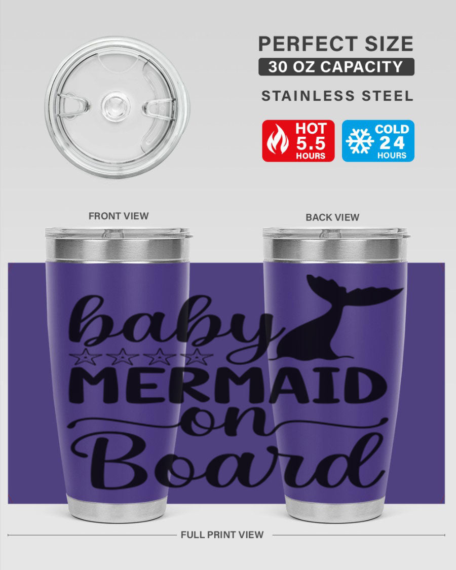 A vibrant Baby Mermaid on Board 36oz tumbler featuring a whimsical mermaid design, made of stainless steel with a drink-thru lid.