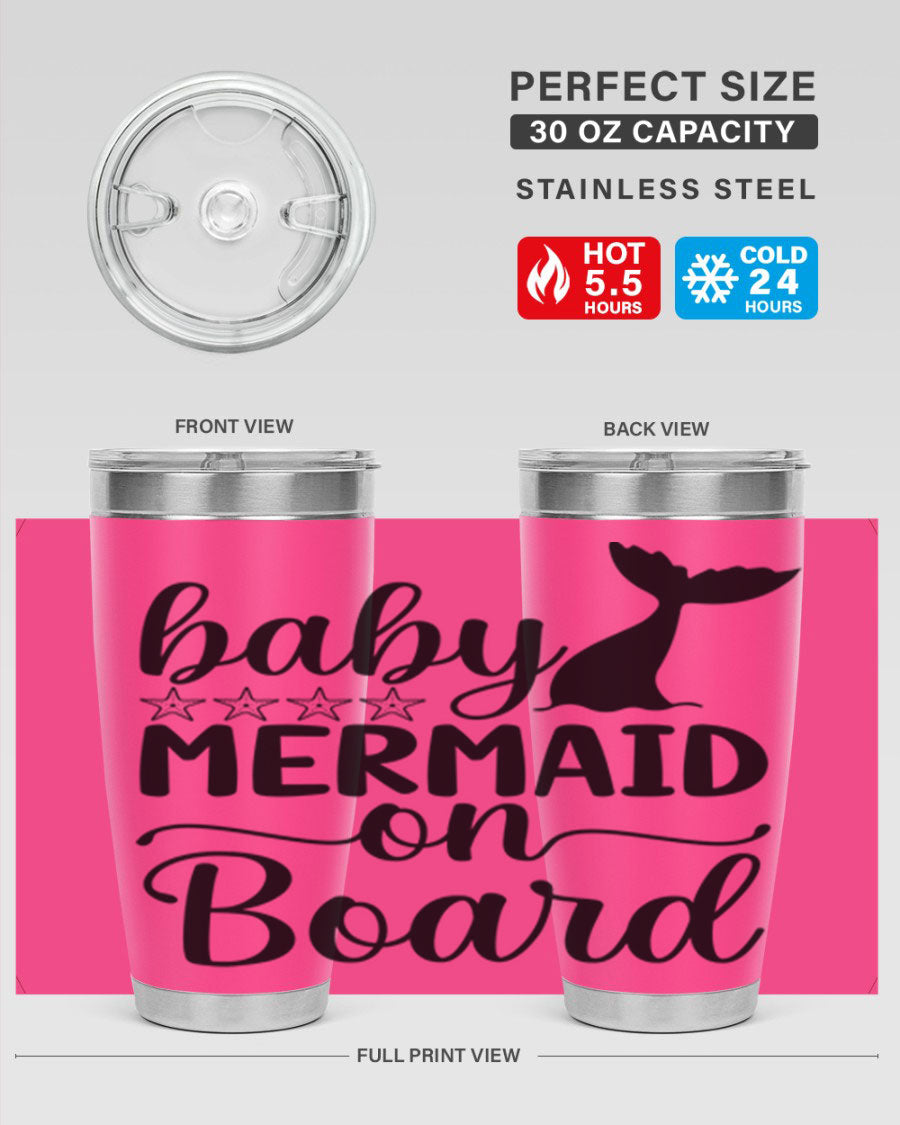 A vibrant Baby Mermaid on Board 36oz tumbler featuring a whimsical mermaid design, made of stainless steel with a drink-thru lid.