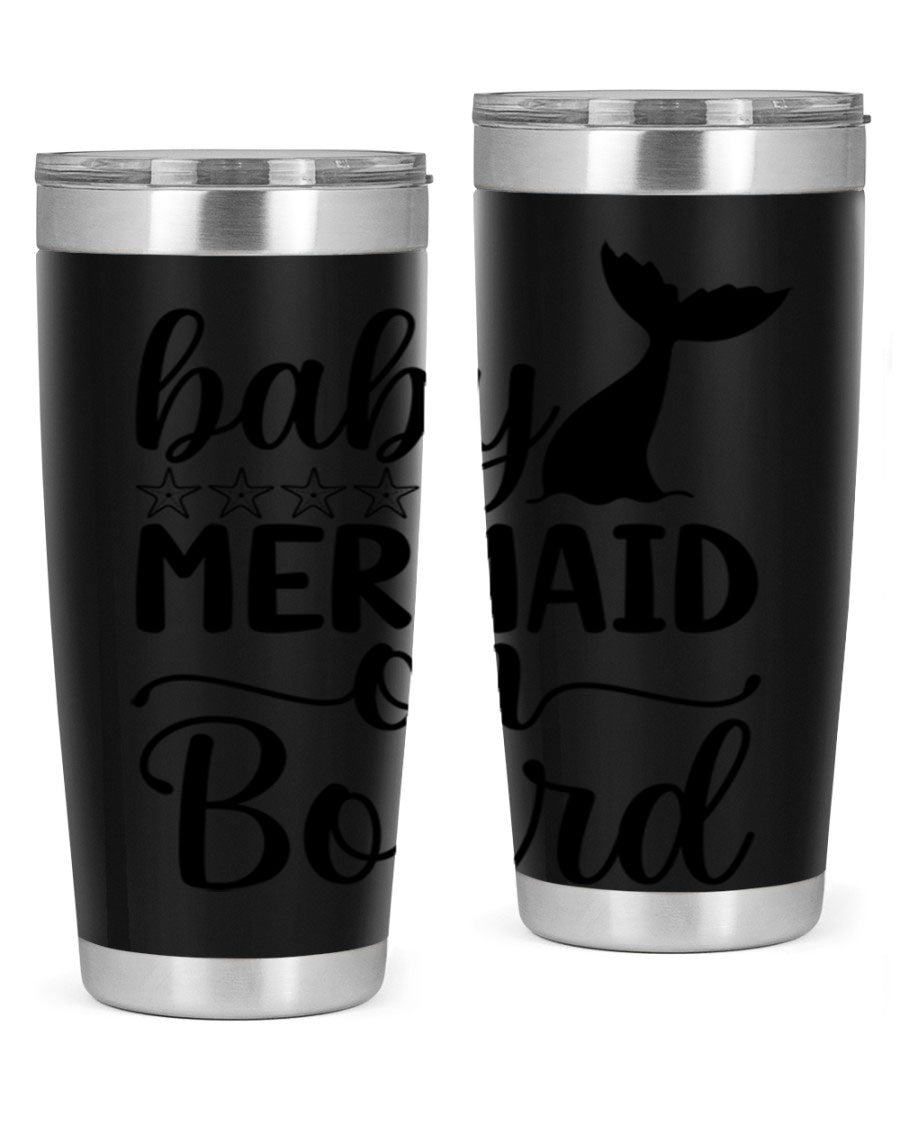 A vibrant Baby Mermaid on Board 36oz tumbler featuring a whimsical mermaid design, made of stainless steel with a drink-thru lid.