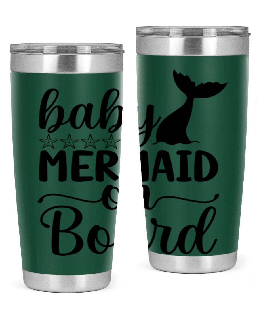 A vibrant Baby Mermaid on Board 36oz tumbler featuring a whimsical mermaid design, made of stainless steel with a drink-thru lid.