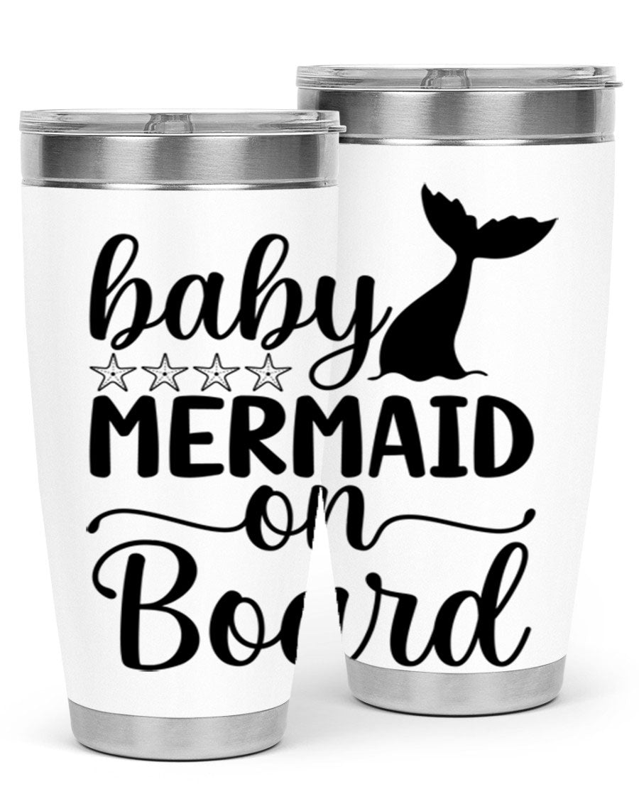 A vibrant Baby Mermaid on Board 36oz tumbler featuring a whimsical mermaid design, made of stainless steel with a drink-thru lid.