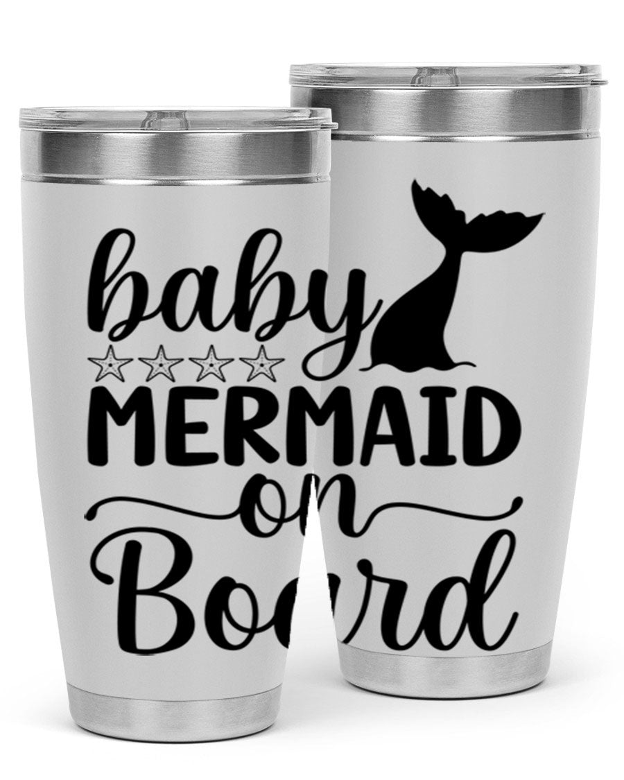 A vibrant Baby Mermaid on Board 36oz tumbler featuring a whimsical mermaid design, made of stainless steel with a drink-thru lid.