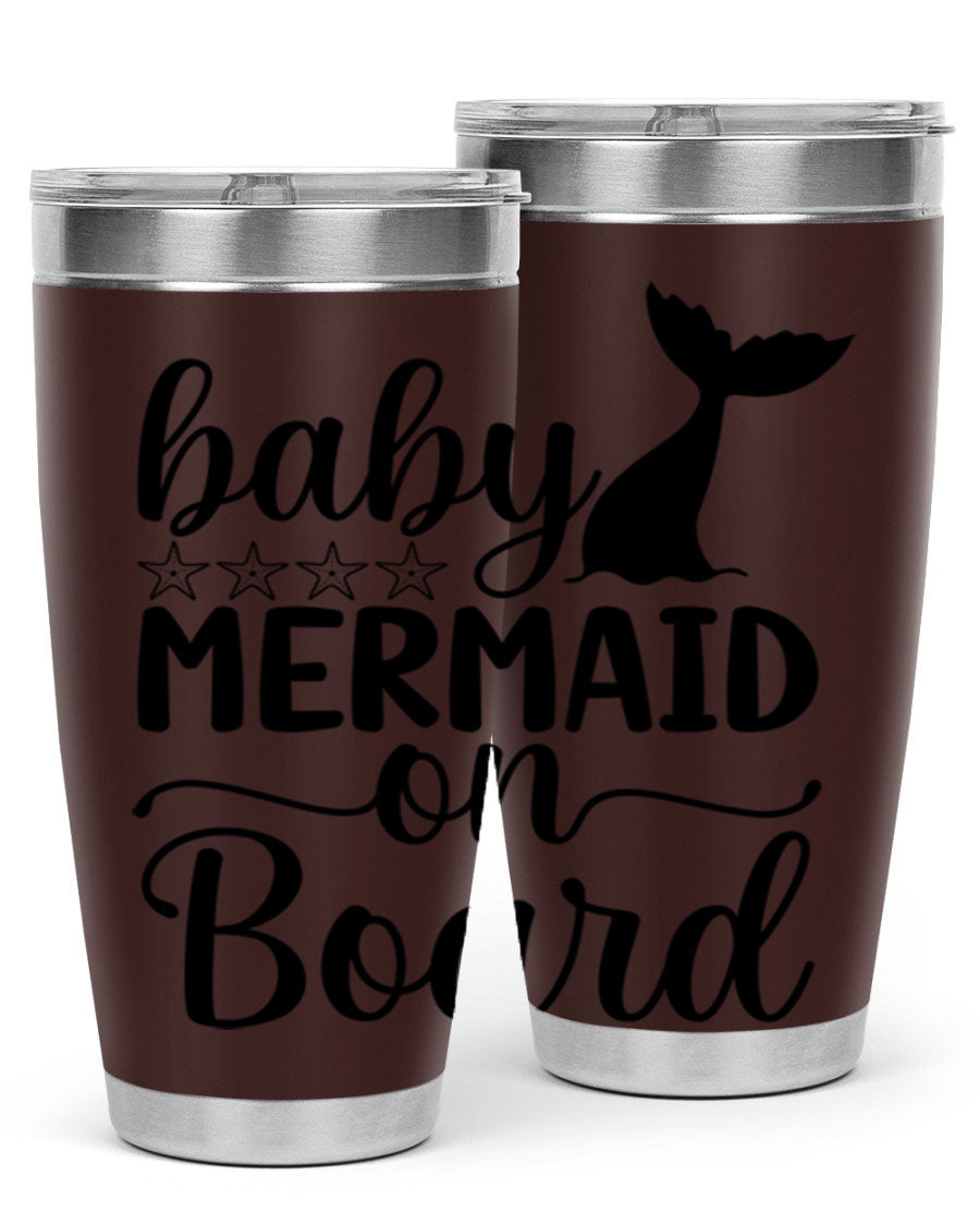 A vibrant Baby Mermaid on Board 36oz tumbler featuring a whimsical mermaid design, made of stainless steel with a drink-thru lid.