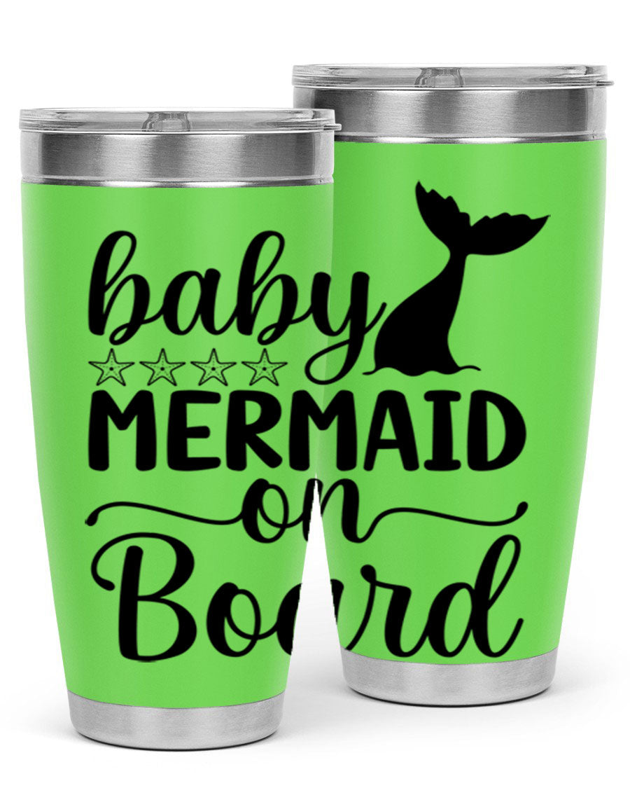 A vibrant Baby Mermaid on Board 36oz tumbler featuring a whimsical mermaid design, made of stainless steel with a drink-thru lid.