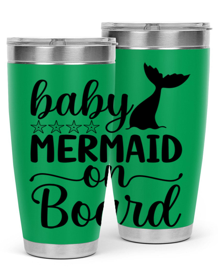 A vibrant Baby Mermaid on Board 36oz tumbler featuring a whimsical mermaid design, made of stainless steel with a drink-thru lid.