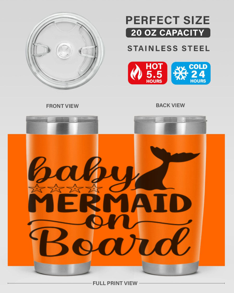 A vibrant Baby Mermaid on Board 36oz tumbler featuring a whimsical mermaid design, made of stainless steel with a drink-thru lid.