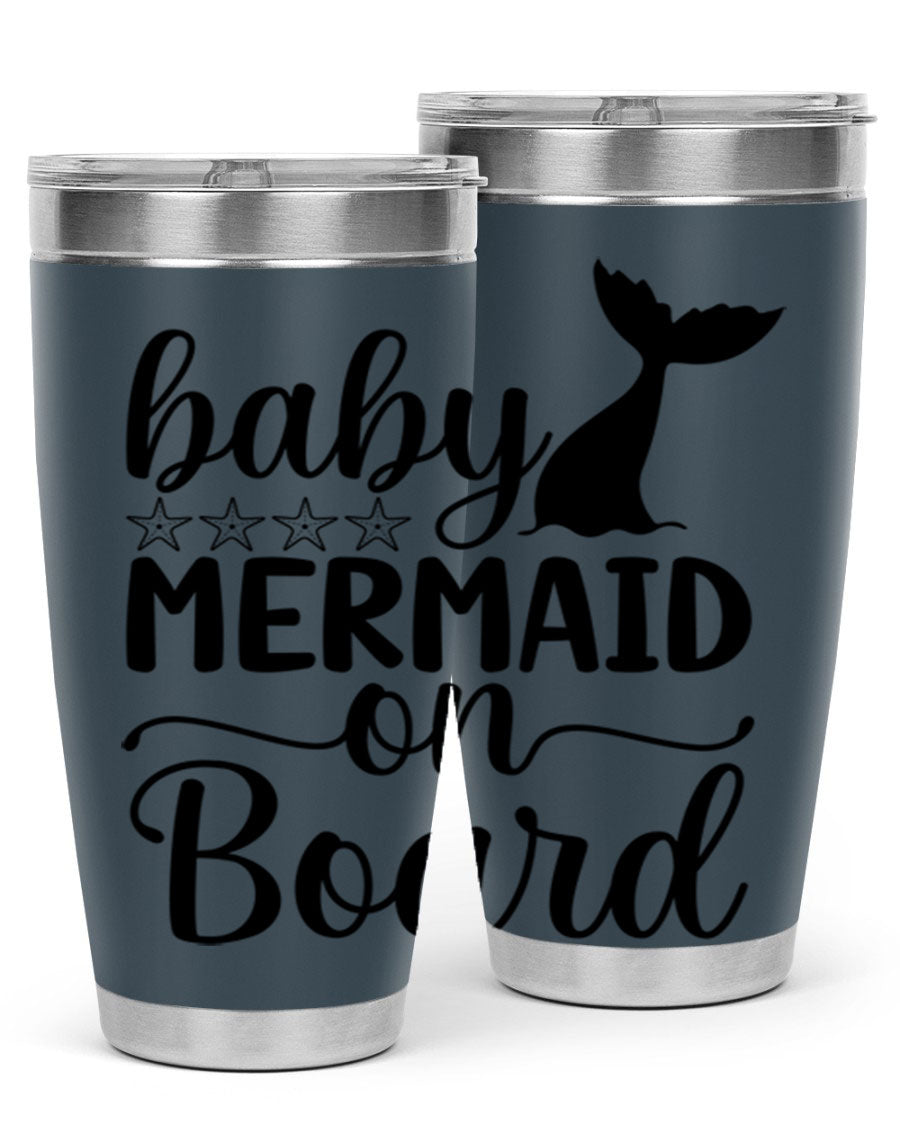 A vibrant Baby Mermaid on Board 36oz tumbler featuring a whimsical mermaid design, made of stainless steel with a drink-thru lid.