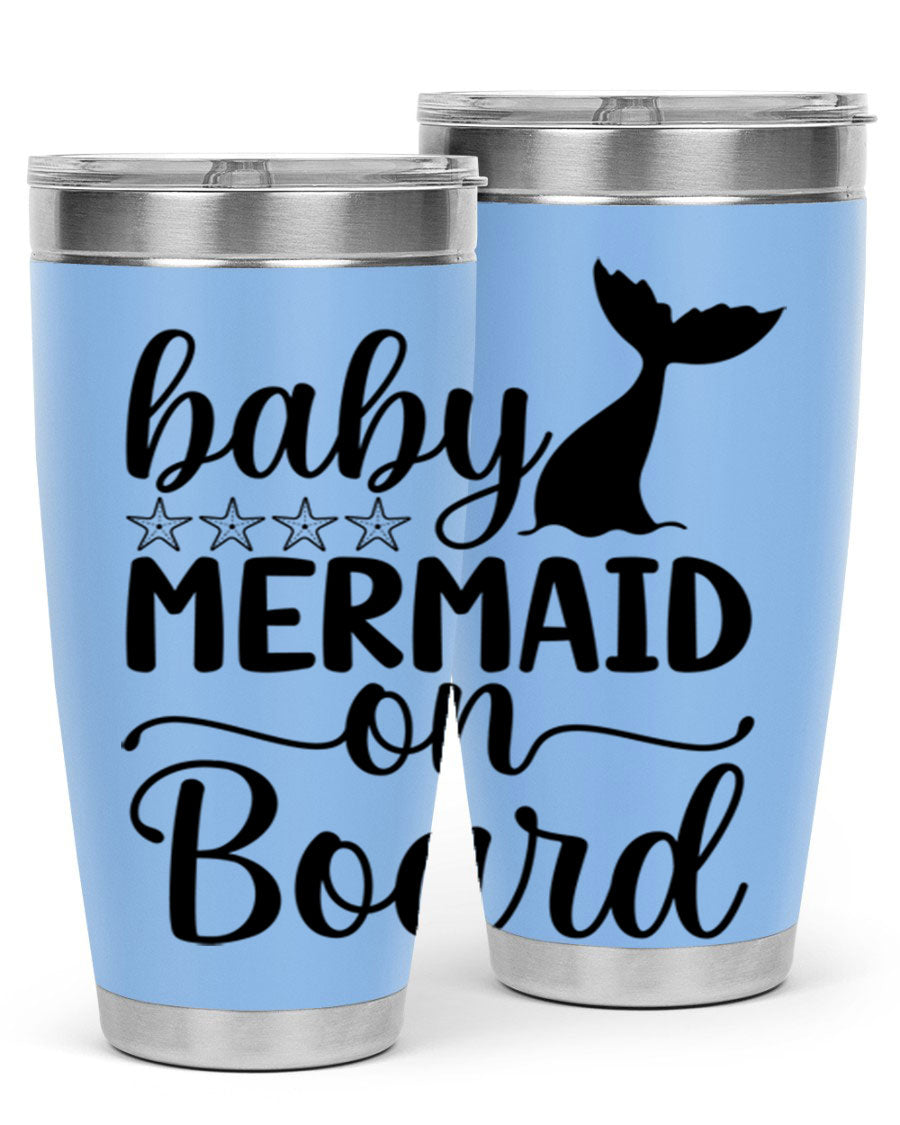 A vibrant Baby Mermaid on Board 36oz tumbler featuring a whimsical mermaid design, made of stainless steel with a drink-thru lid.