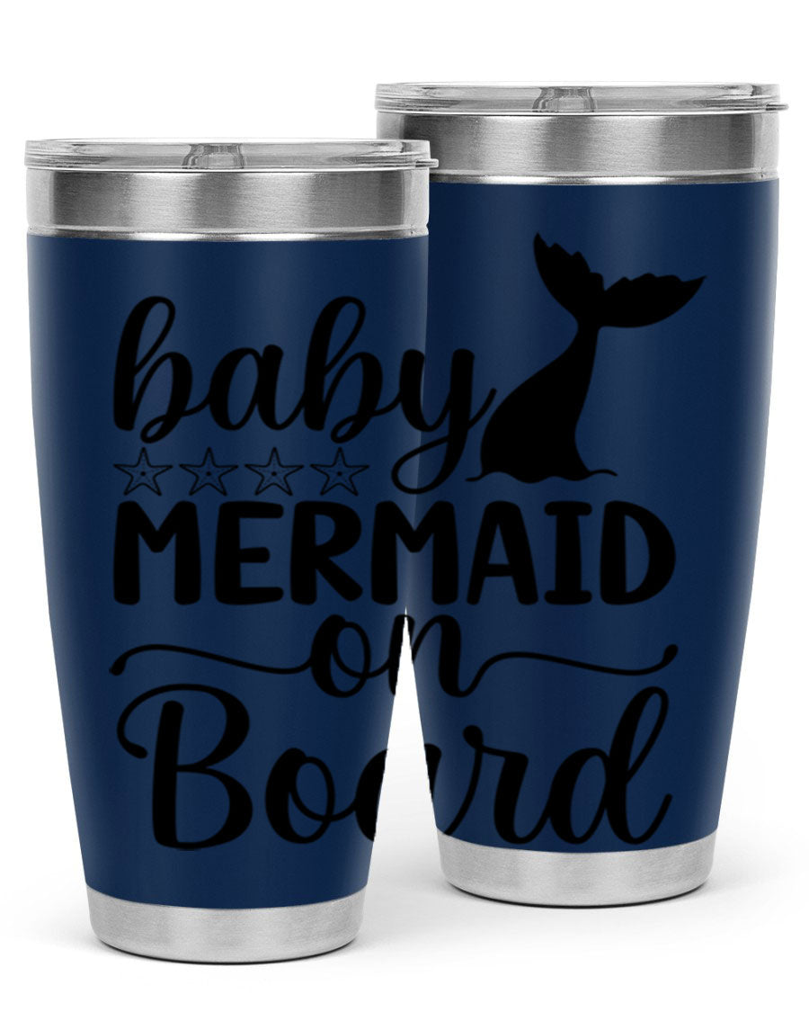 A vibrant Baby Mermaid on Board 36oz tumbler featuring a whimsical mermaid design, made of stainless steel with a drink-thru lid.