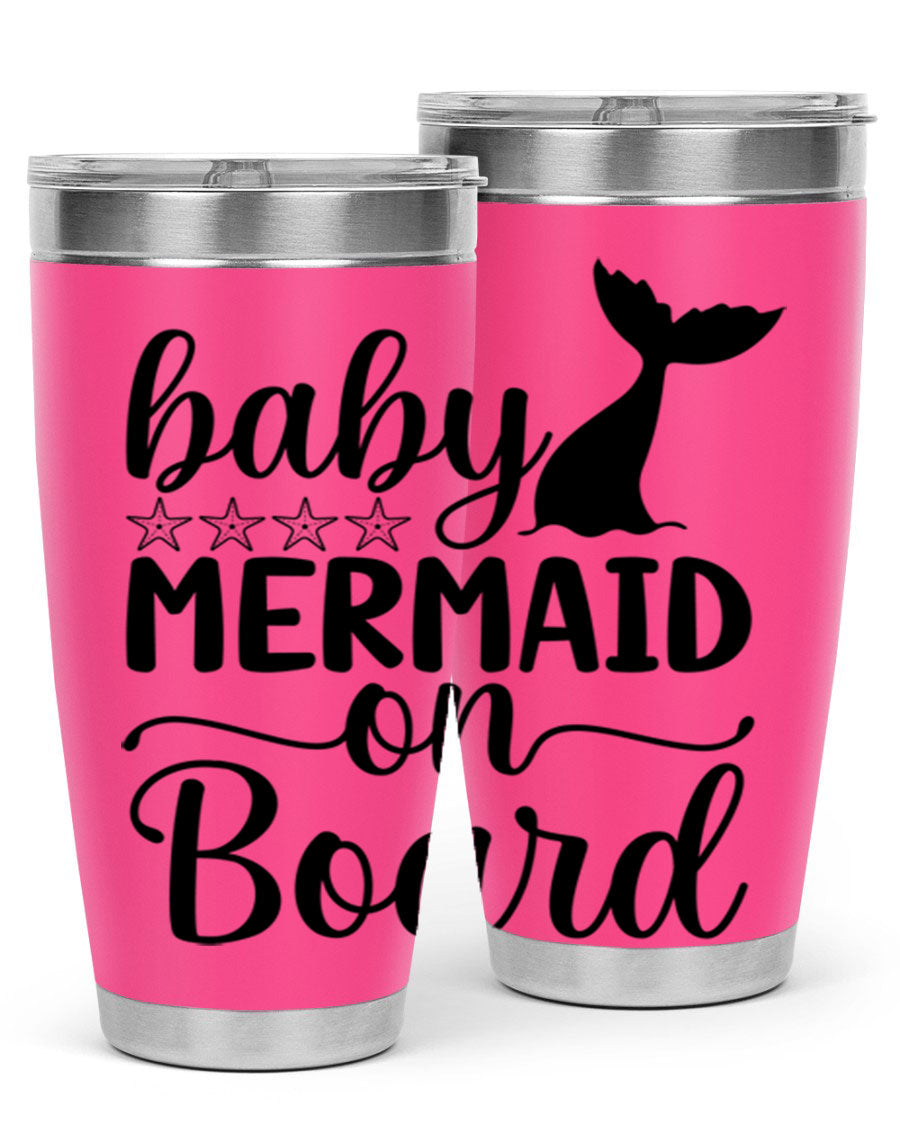 A vibrant Baby Mermaid on Board 36oz tumbler featuring a whimsical mermaid design, made of stainless steel with a drink-thru lid.