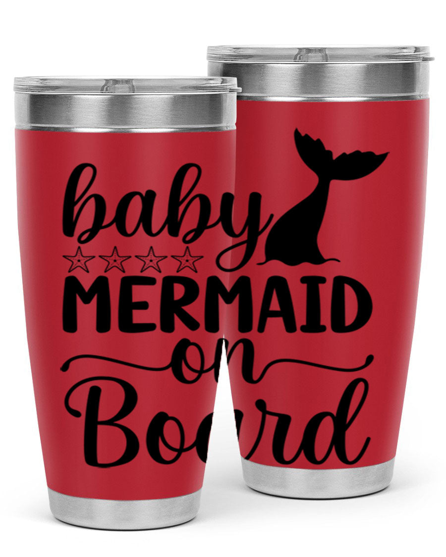 A vibrant Baby Mermaid on Board 36oz tumbler featuring a whimsical mermaid design, made of stainless steel with a drink-thru lid.