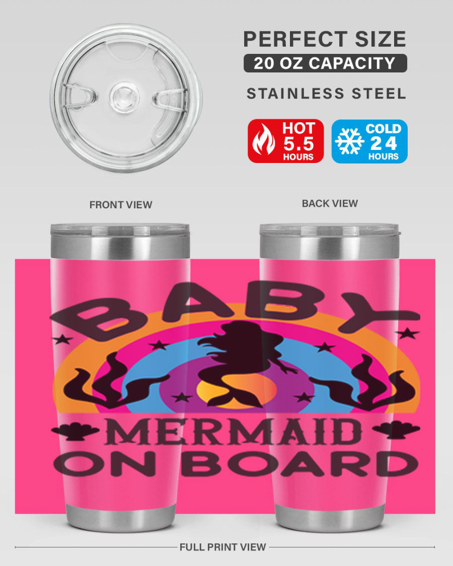 A stylish Baby Mermaid on Board 37# tumbler featuring a whimsical mermaid design, made of double wall vacuum stainless steel.