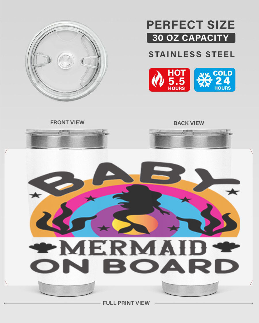 A stylish Baby Mermaid on Board 37# tumbler featuring a whimsical mermaid design, made of double wall vacuum stainless steel.