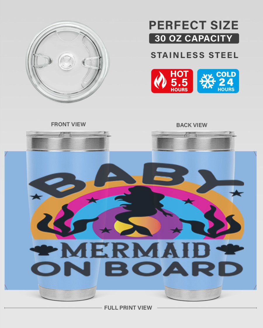 A stylish Baby Mermaid on Board 37# tumbler featuring a whimsical mermaid design, made of double wall vacuum stainless steel.