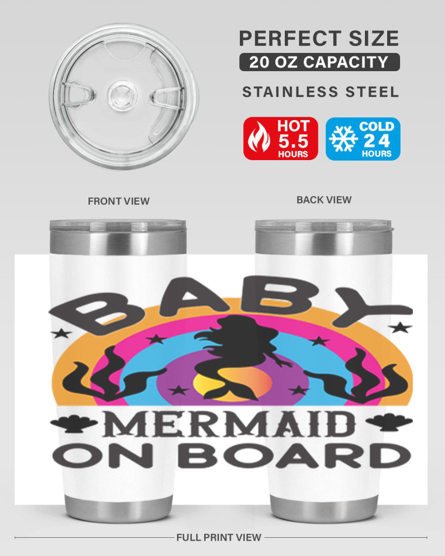 A stylish Baby Mermaid on Board 37# tumbler featuring a whimsical mermaid design, made of double wall vacuum stainless steel.