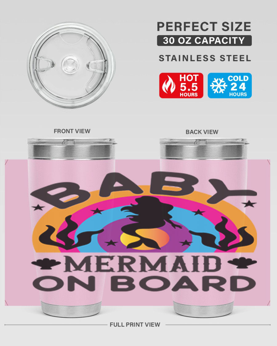 A stylish Baby Mermaid on Board 37# tumbler featuring a whimsical mermaid design, made of double wall vacuum stainless steel.