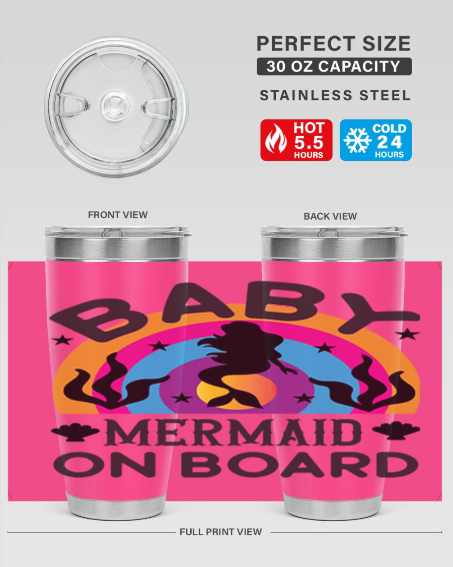 A stylish Baby Mermaid on Board 37# tumbler featuring a whimsical mermaid design, made of double wall vacuum stainless steel.