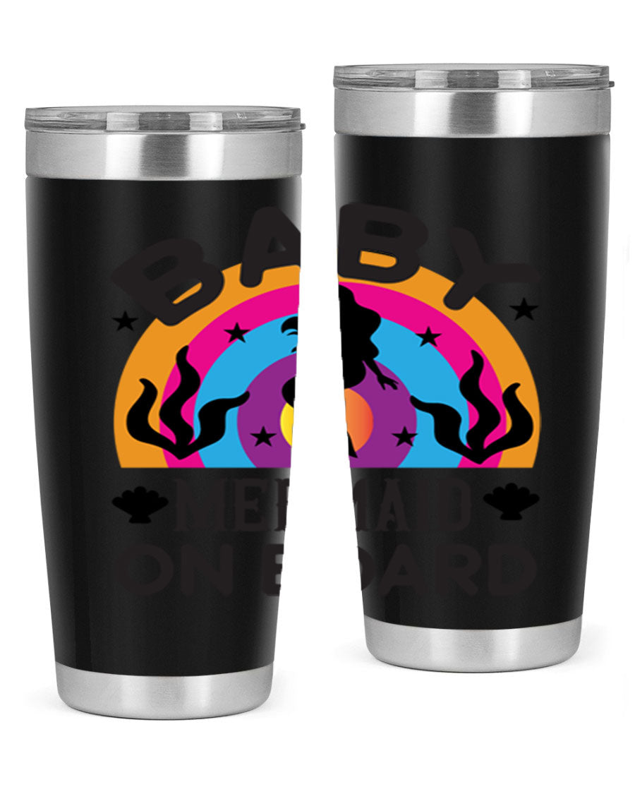 A stylish Baby Mermaid on Board 37# tumbler featuring a whimsical mermaid design, made of double wall vacuum stainless steel.