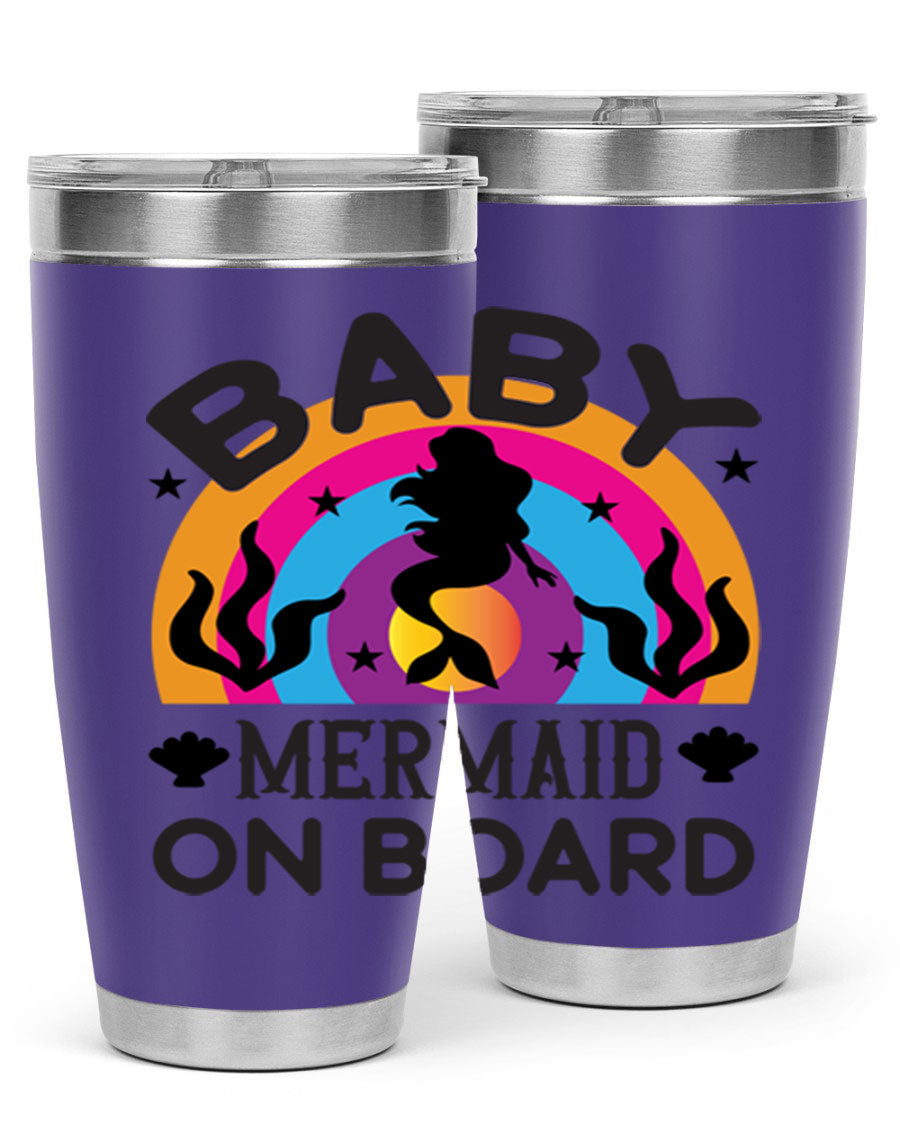 A stylish Baby Mermaid on Board 37# tumbler featuring a whimsical mermaid design, made of double wall vacuum stainless steel.