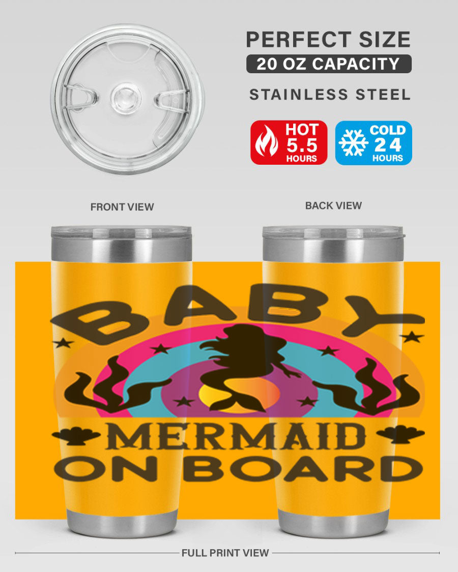 A stylish Baby Mermaid on Board 37# tumbler featuring a whimsical mermaid design, made of double wall vacuum stainless steel.