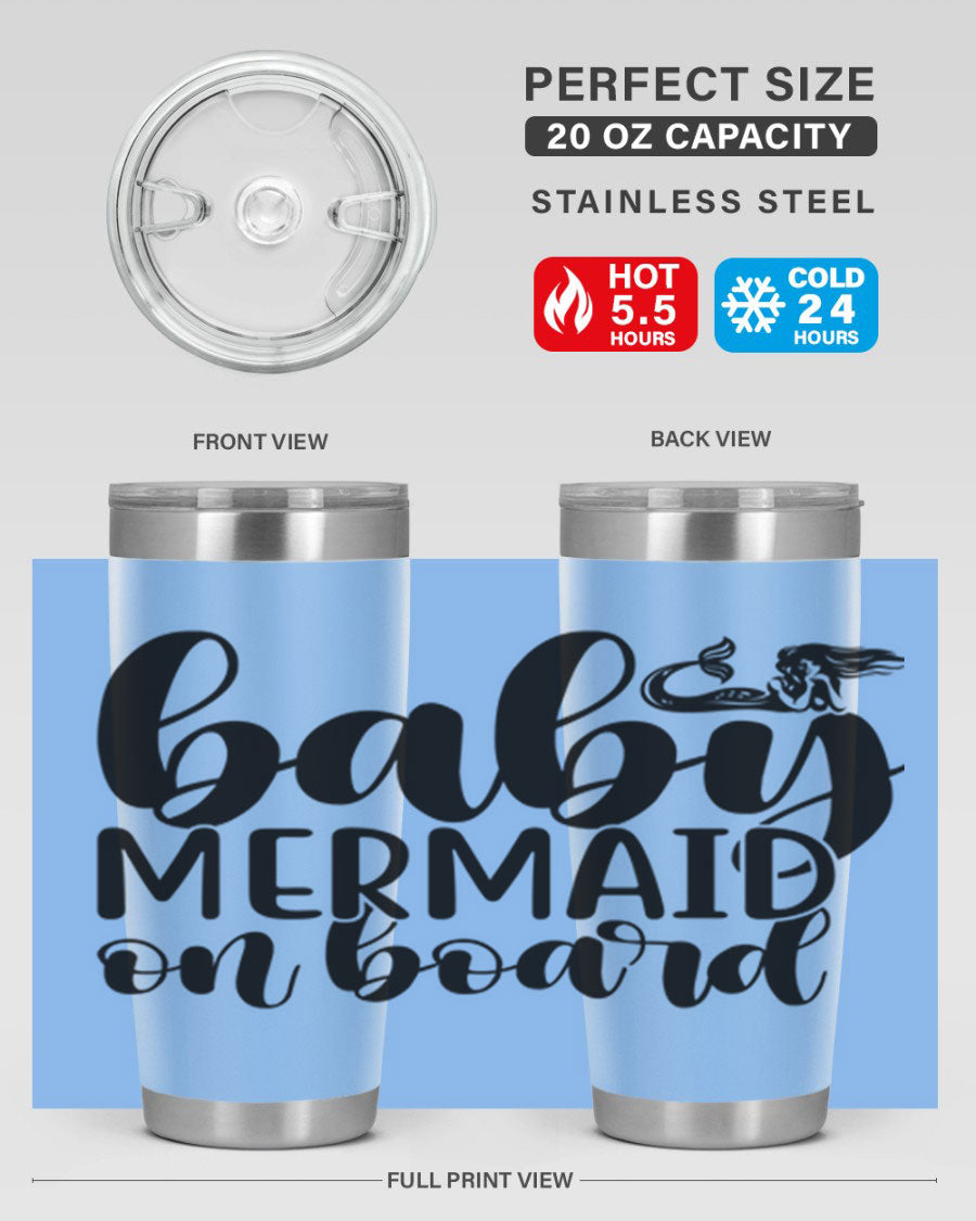 A stylish Baby Mermaid on Board 41# tumbler featuring a vibrant mermaid design, made of stainless steel with a double wall vacuum for insulation.