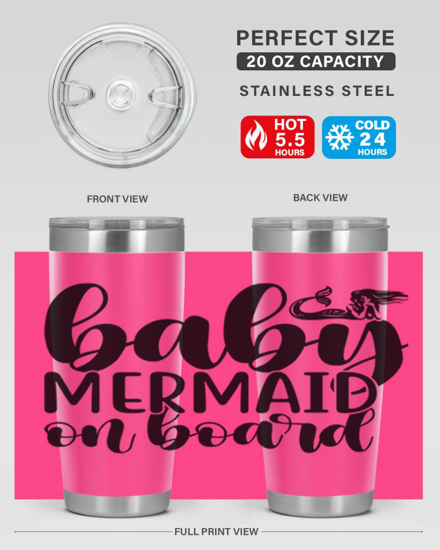 A stylish Baby Mermaid on Board 41# tumbler featuring a vibrant mermaid design, made of stainless steel with a double wall vacuum for insulation.