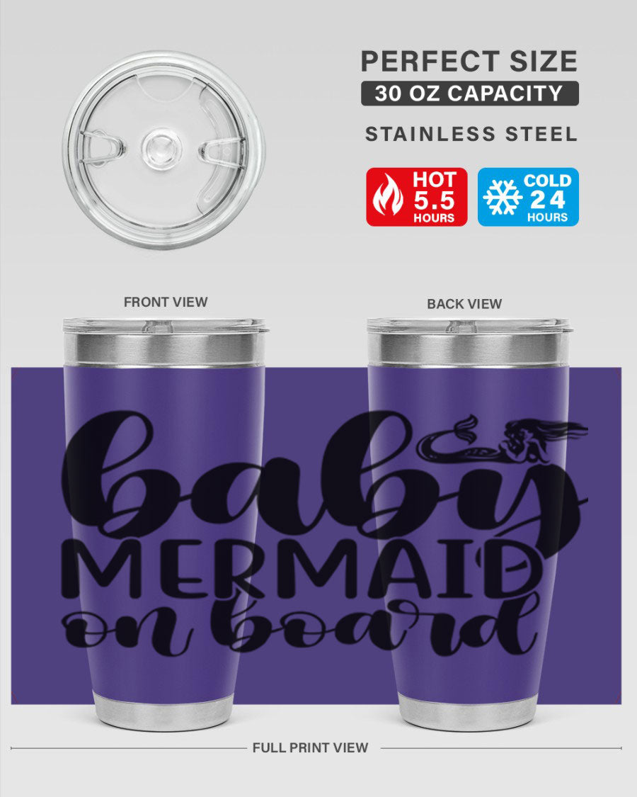 A stylish Baby Mermaid on Board 41# tumbler featuring a vibrant mermaid design, made of stainless steel with a double wall vacuum for insulation.