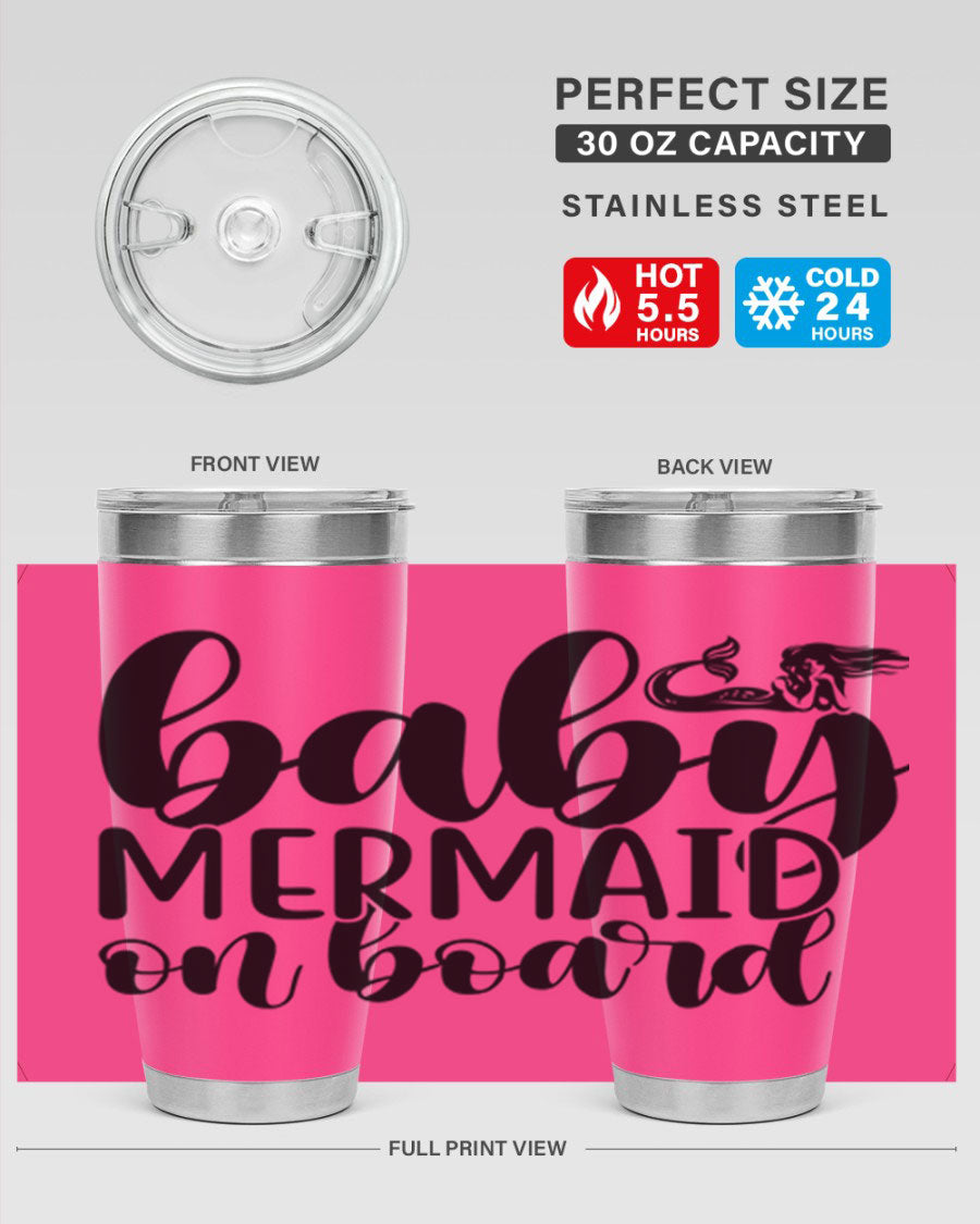 A stylish Baby Mermaid on Board 41# tumbler featuring a vibrant mermaid design, made of stainless steel with a double wall vacuum for insulation.