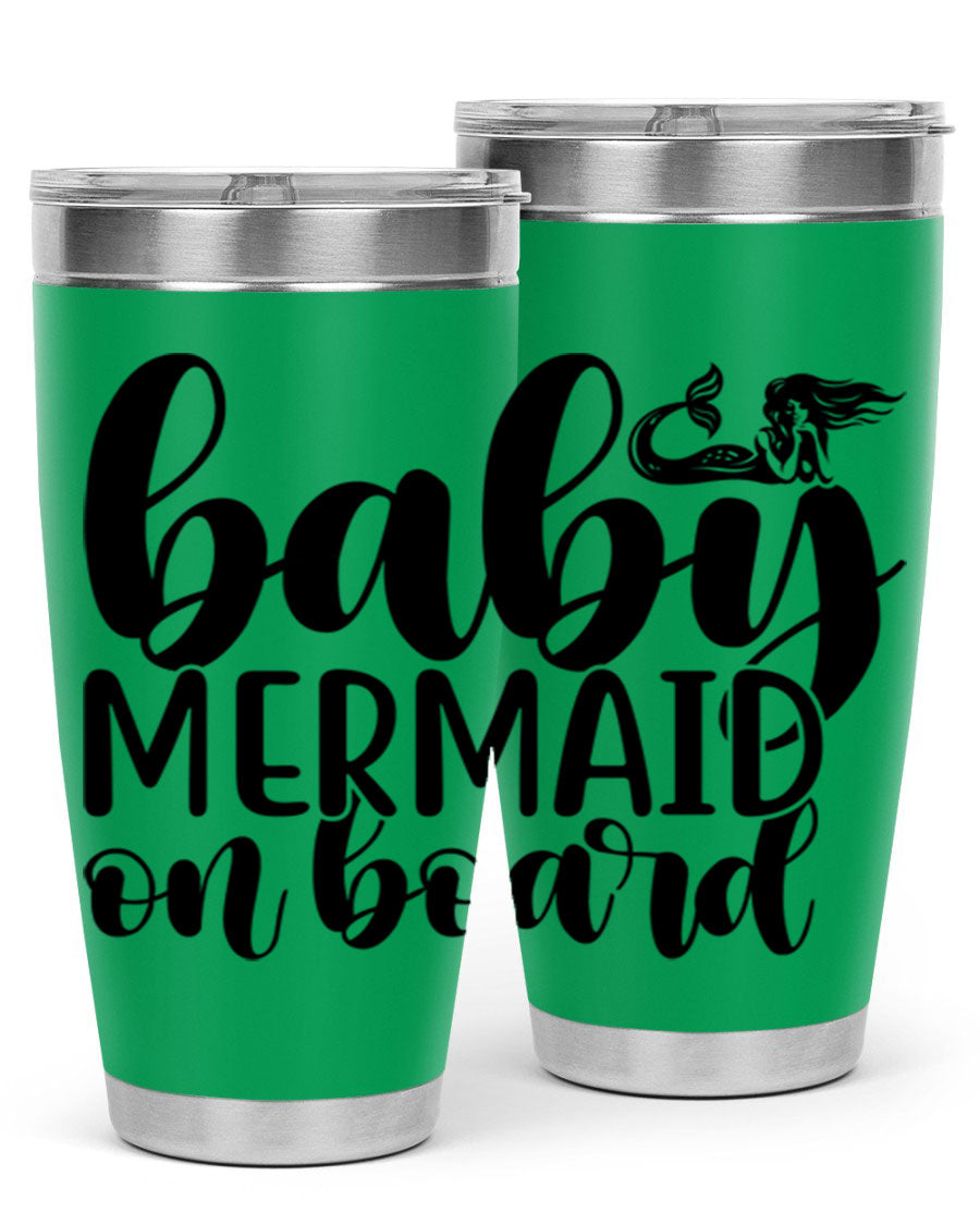 A stylish Baby Mermaid on Board 41# tumbler featuring a vibrant mermaid design, made of stainless steel with a double wall vacuum for insulation.