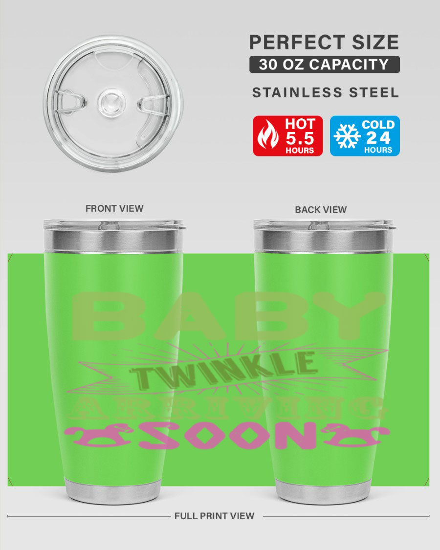 Baby Twinkle Style 293# tumbler in vibrant colors, showcasing its double wall vacuum stainless steel design and drink-thru lid.