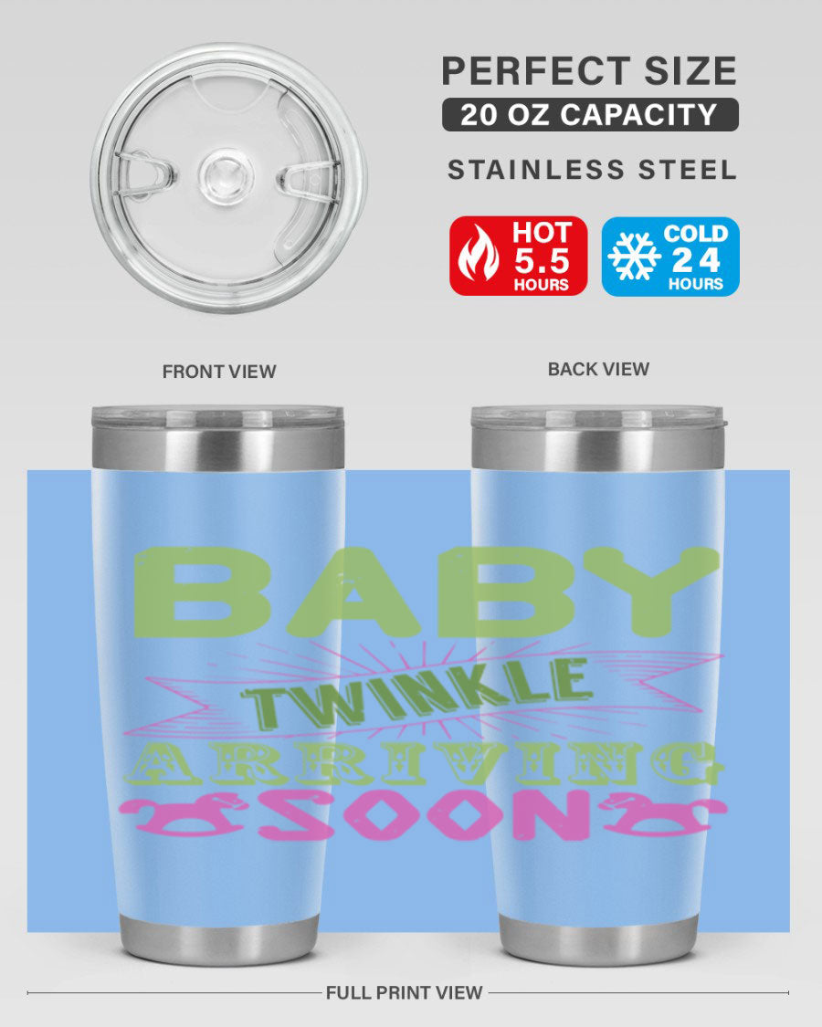 Baby Twinkle Style 293# tumbler in vibrant colors, showcasing its double wall vacuum stainless steel design and drink-thru lid.