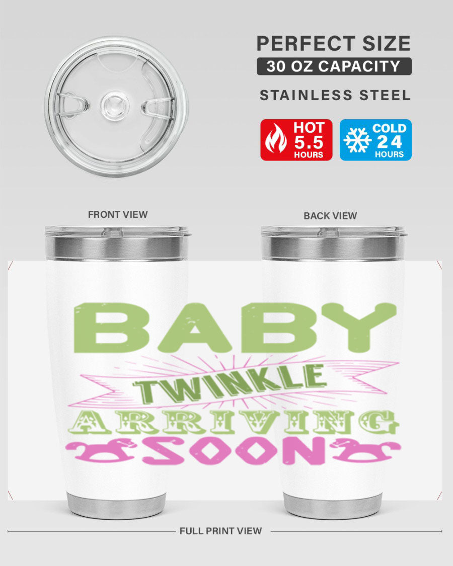 Baby Twinkle Style 293# tumbler in vibrant colors, showcasing its double wall vacuum stainless steel design and drink-thru lid.