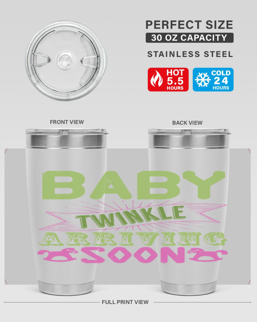 Baby Twinkle Style 293# tumbler in vibrant colors, showcasing its double wall vacuum stainless steel design and drink-thru lid.