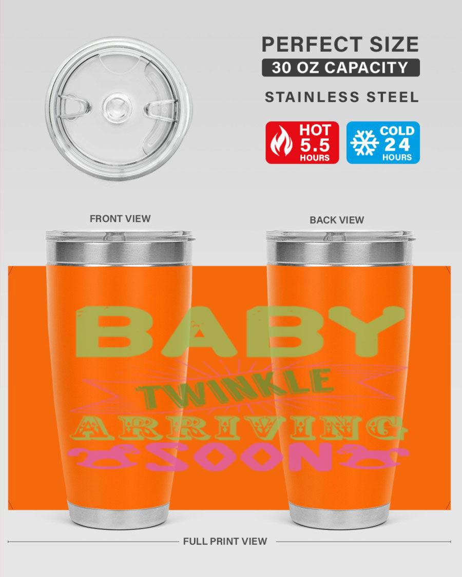 Baby Twinkle Style 293# tumbler in vibrant colors, showcasing its double wall vacuum stainless steel design and drink-thru lid.