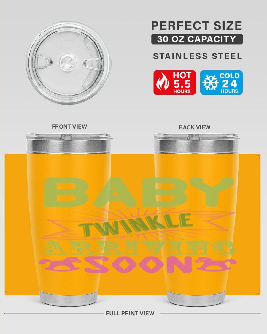 Baby Twinkle Style 293# tumbler in vibrant colors, showcasing its double wall vacuum stainless steel design and drink-thru lid.