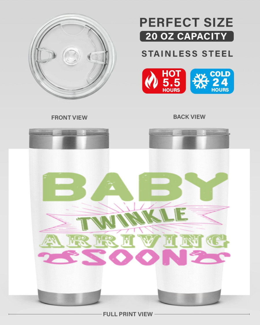 Baby Twinkle Style 293# tumbler in vibrant colors, showcasing its double wall vacuum stainless steel design and drink-thru lid.