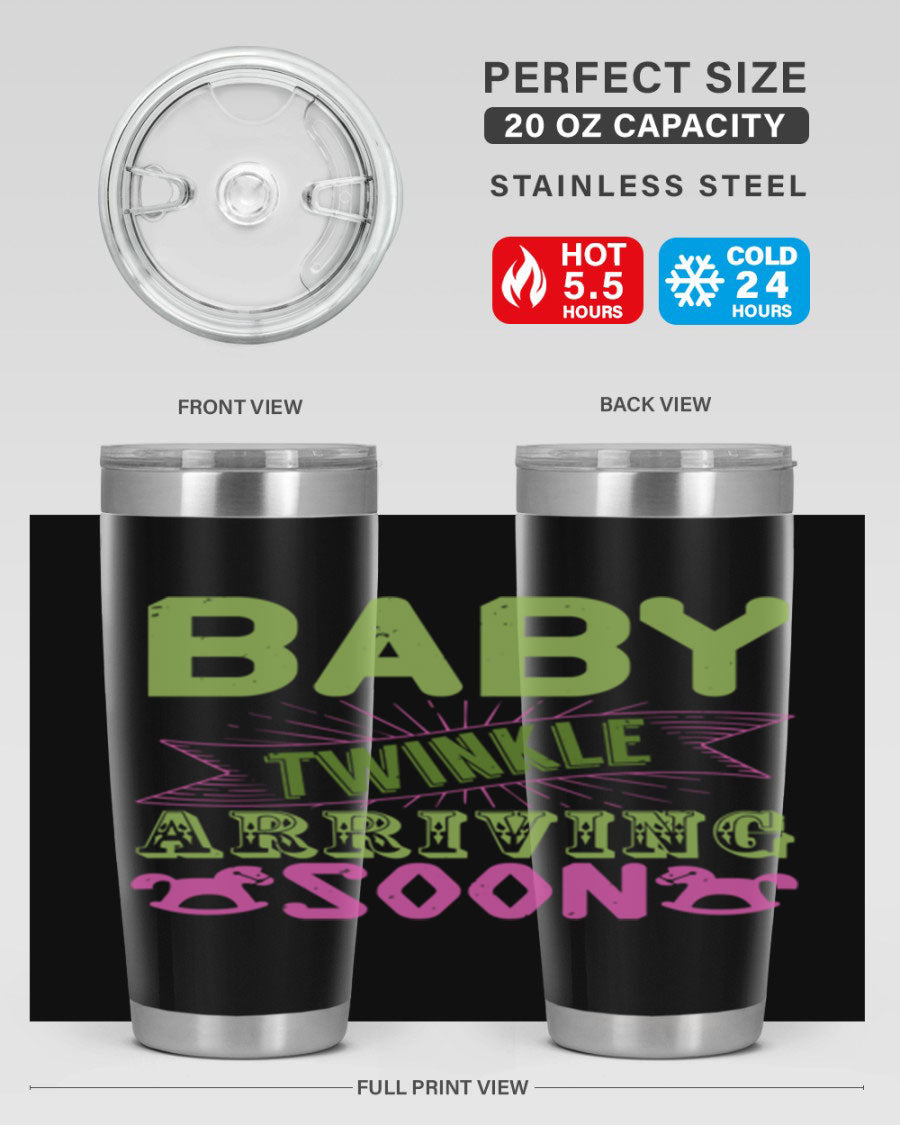 Baby Twinkle Style 293# tumbler in vibrant colors, showcasing its double wall vacuum stainless steel design and drink-thru lid.