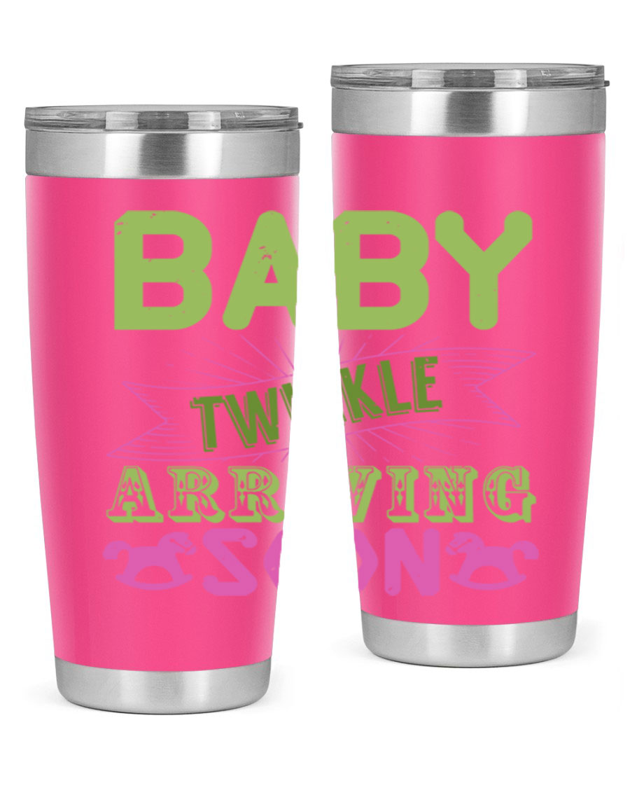 Baby Twinkle Style 293# tumbler in vibrant colors, showcasing its double wall vacuum stainless steel design and drink-thru lid.