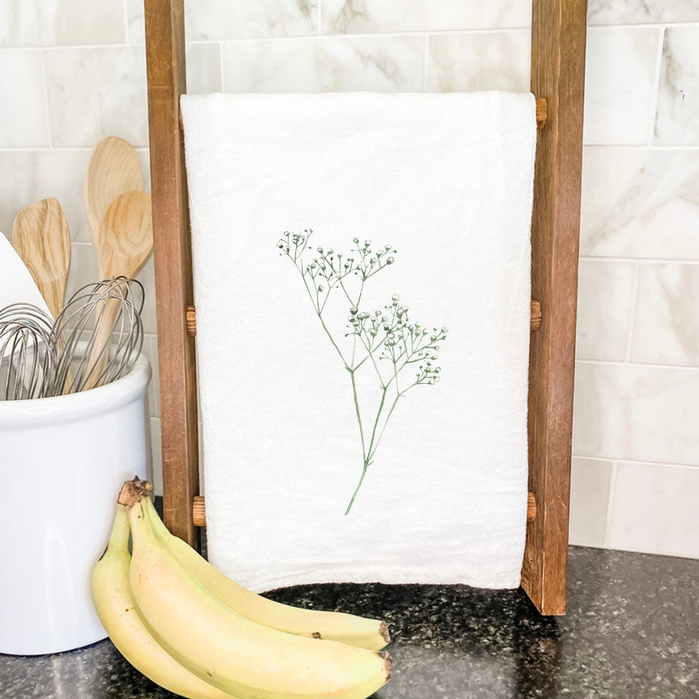 A beautifully designed Baby's Breath Cotton Tea Towel featuring vibrant colors and hemmed edges, perfect for kitchen use.